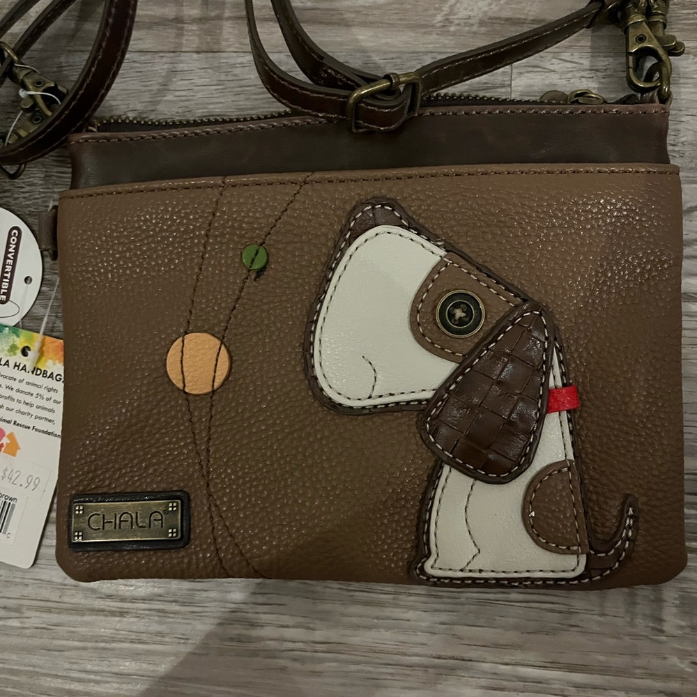 NWT Chala Brown Convertible Crossbody Purse Clutch Bag with DOG Design